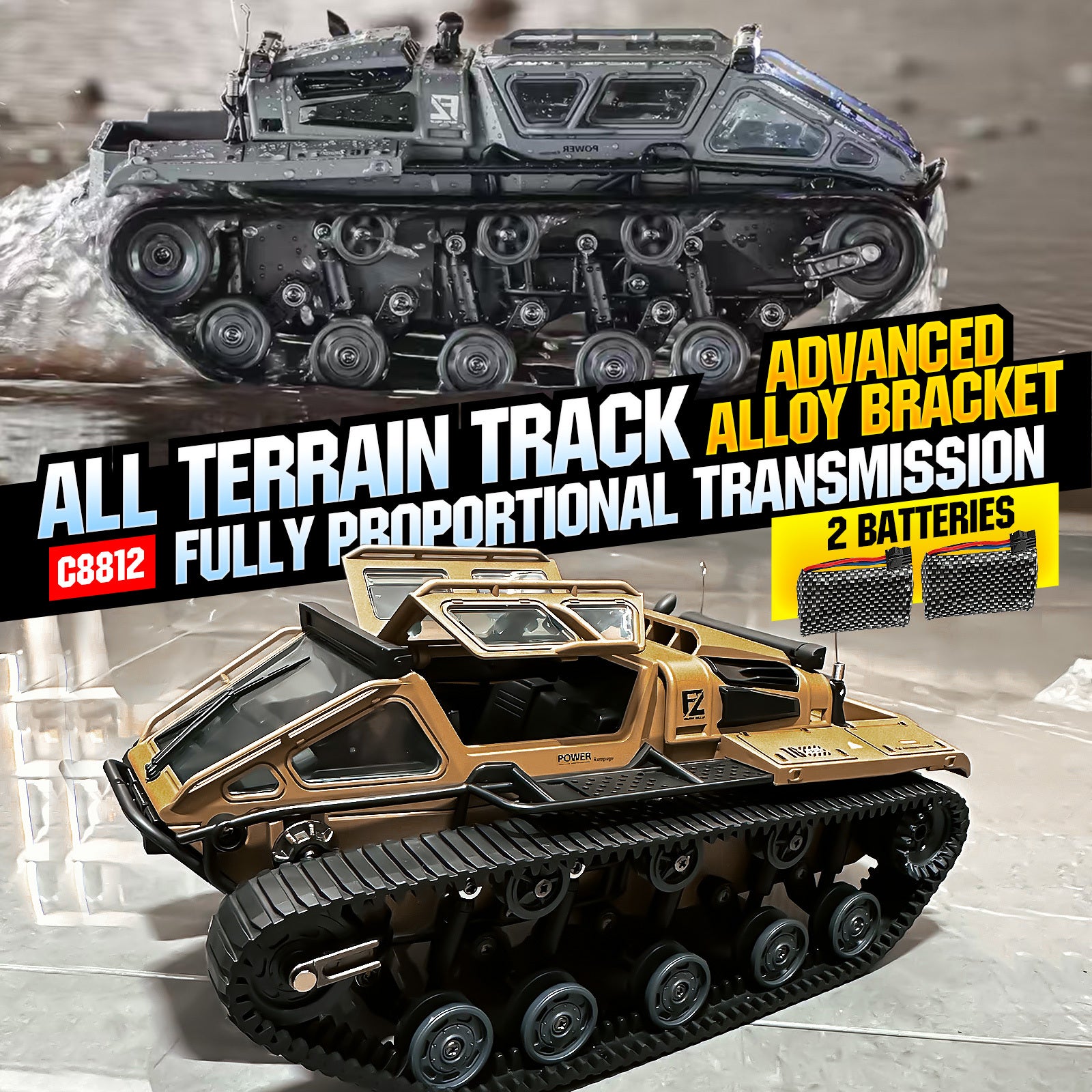 RC Tracked Tank With Full-Proportional Remote Control Car Powerful Offroad For All Terrains With Led Lights And Alloy Door Open Model Military War Car Vehicle Gift For Kids With 2 Batteries