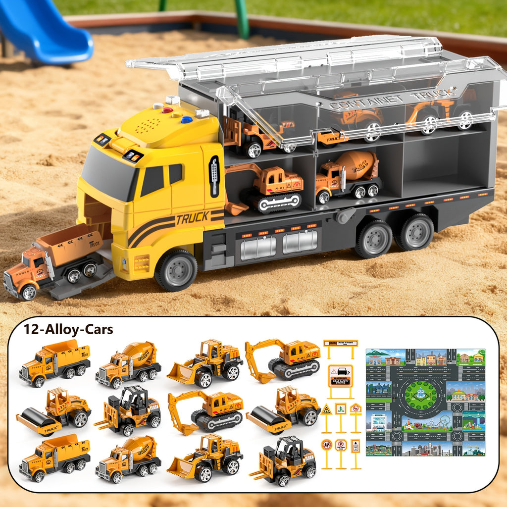 [Christmas Birthday Gift] HOME 13-in-1 Construction Truck Vehicle Toy Set with Die-Cast Cars & Play-Mat, Transport Carrier Truck Toy Set for Aged 3+, Christmas Birthday Gift [Random Color Of Accessories