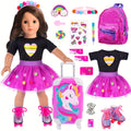 (No Doll)18 Inch Doll Clothes And Accessories Doll Travel Set with Suitcase Roller Skates School Supplies Playset Purple Unicorn Set.Christmas Gift for Kids Aged 3-12