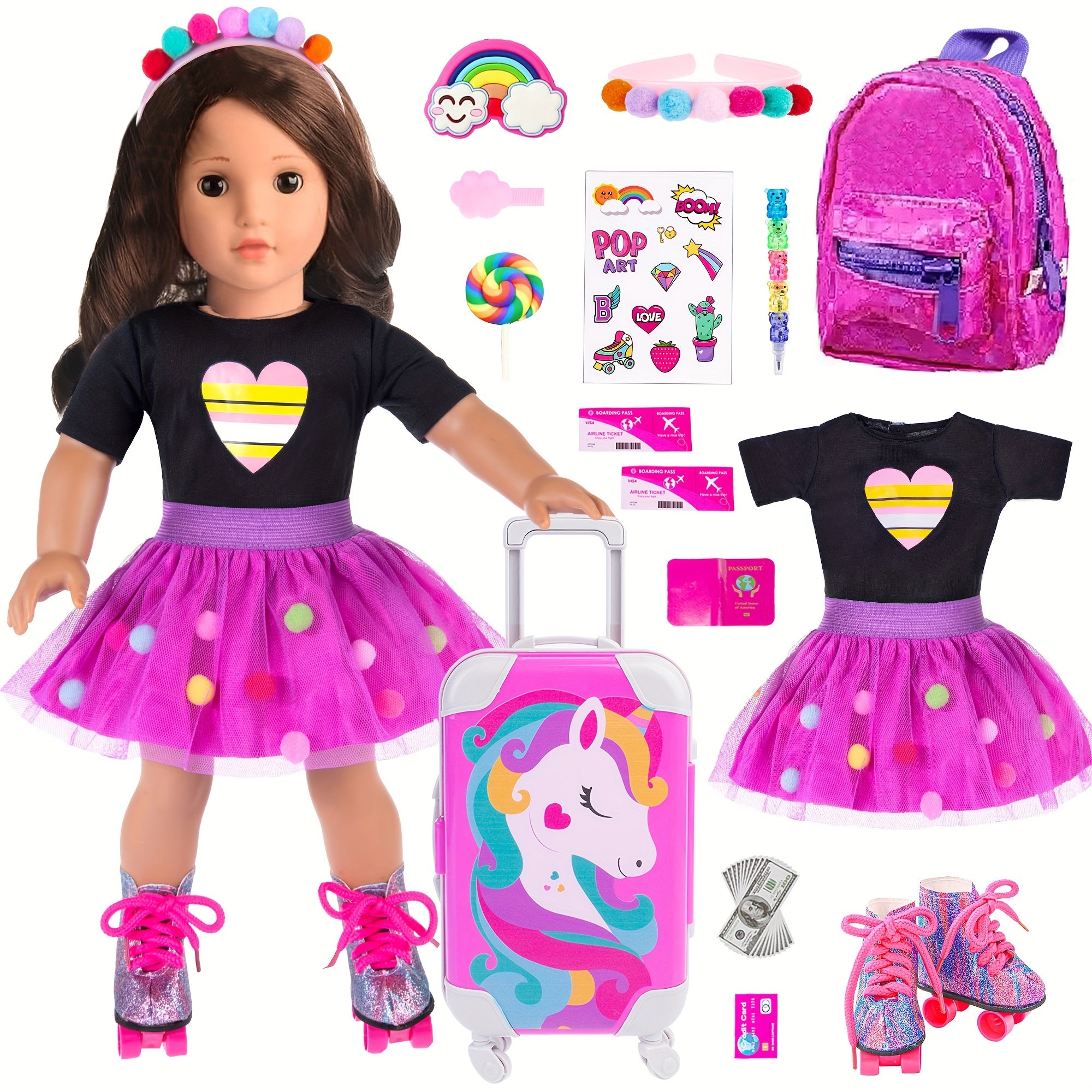 (No Doll)18 Inch Doll Clothes And Accessories Doll Travel Set with Suitcase Roller Skates School Supplies Playset Purple Unicorn Set.Christmas Gift for Kids Aged 3-12