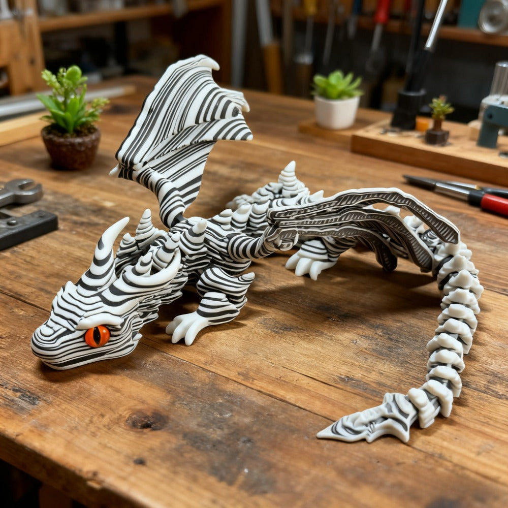 [3D Printed Dragon Statue] Cybernetic Dragon Statue, Random Eye Color - 3D Printed Black & White Swirl Figurine, Articulated Collectible Art for Desktop Display, Perfect for Teens 14+