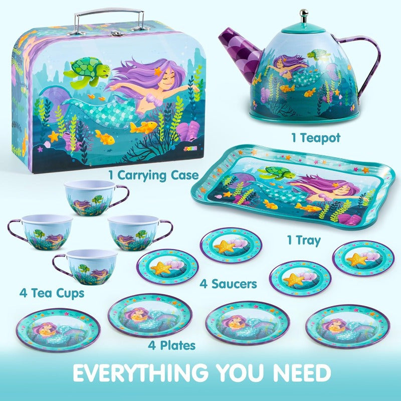Mermaid Tea Party Set for Little Girls, Pretend Tin Teapot Toy with Cups, Plates Carrying Case, Princess Tea Time Play Kitchen Kit, Perfect Christmas&Birthday Gifts for Kids Age 3+