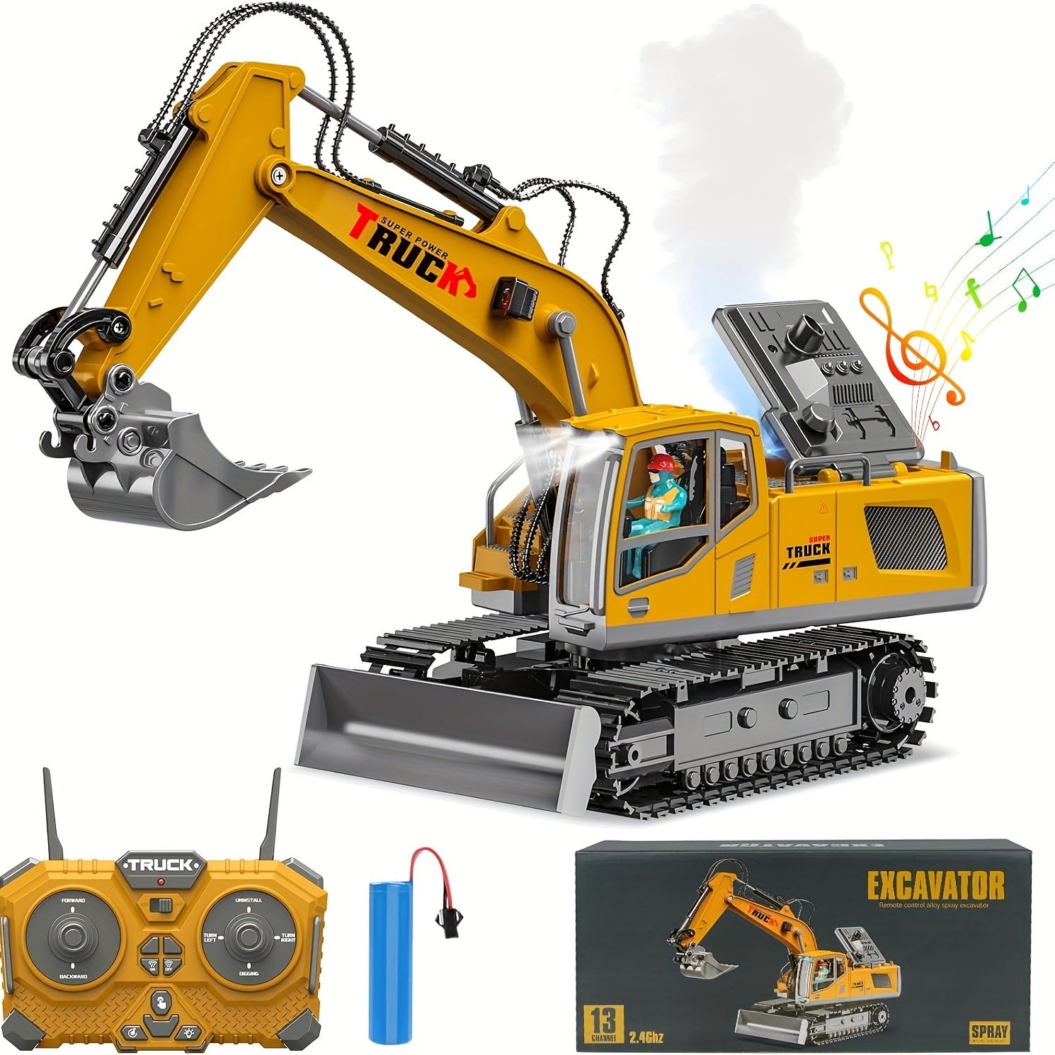 Remote Control Excavator Construction Toys For Boys, 1200mAh RC Excavator Toy With Metal Shovel & Light, 13CH Excavator Toys For Boys 8+ Year Old Kids 2024 Christmas Birthday Gift, 120+Mins