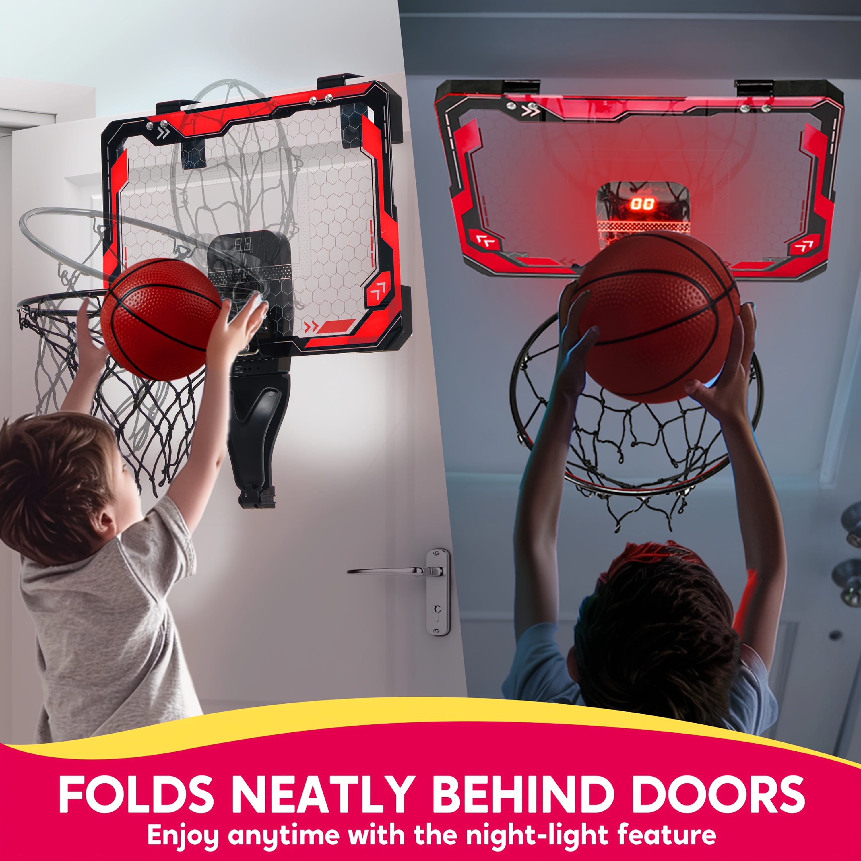 Mini Indoor Basketball Hoop, Light Up Over The Door Basketball Hoop for Kids with Scoreboard & 4 Balls, Bedroom Indoor Basketball, Basketball Toys Gifts for Boys Girls Ages 3 and UP(Red)