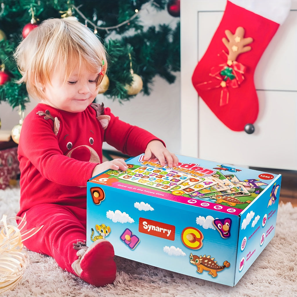 Wooden Puzzles for Toddlers 12 Months + Years Old, 6XSET Puzzles for Toddlers 1+years Old with Rack, Learning Alphabet Number Shape Animal Dinosaur Vehicle, Education Toddler Puzzles Toys Gifts for 12 Months + Years Boys Girls