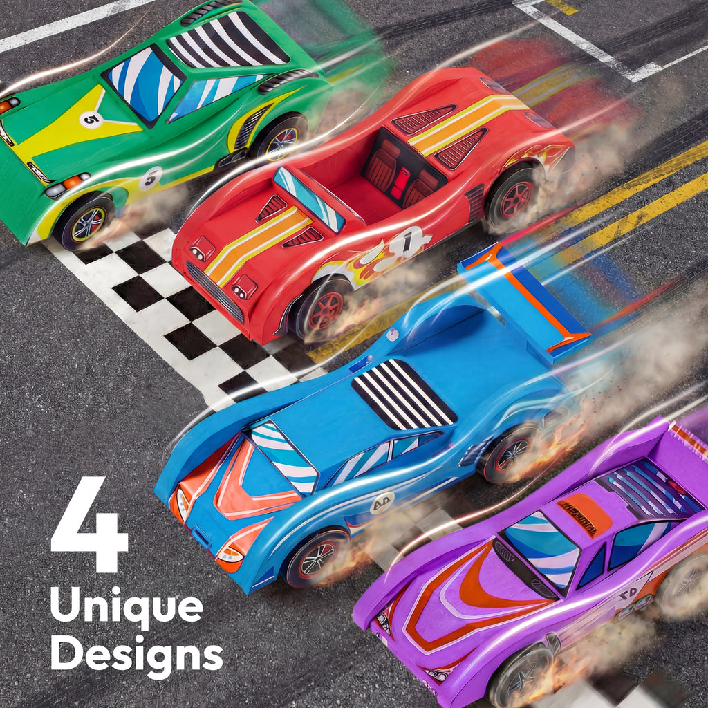 4pcs Wooden Race Cars - Build Toy for Kids, Paint Your Own Wood Art Craft Kit Toy, 4pcs Race Cars Toy, Easy to Assemble Arts Crafts Kit, Christmas Birthday Party Gifts for Boys And Girls