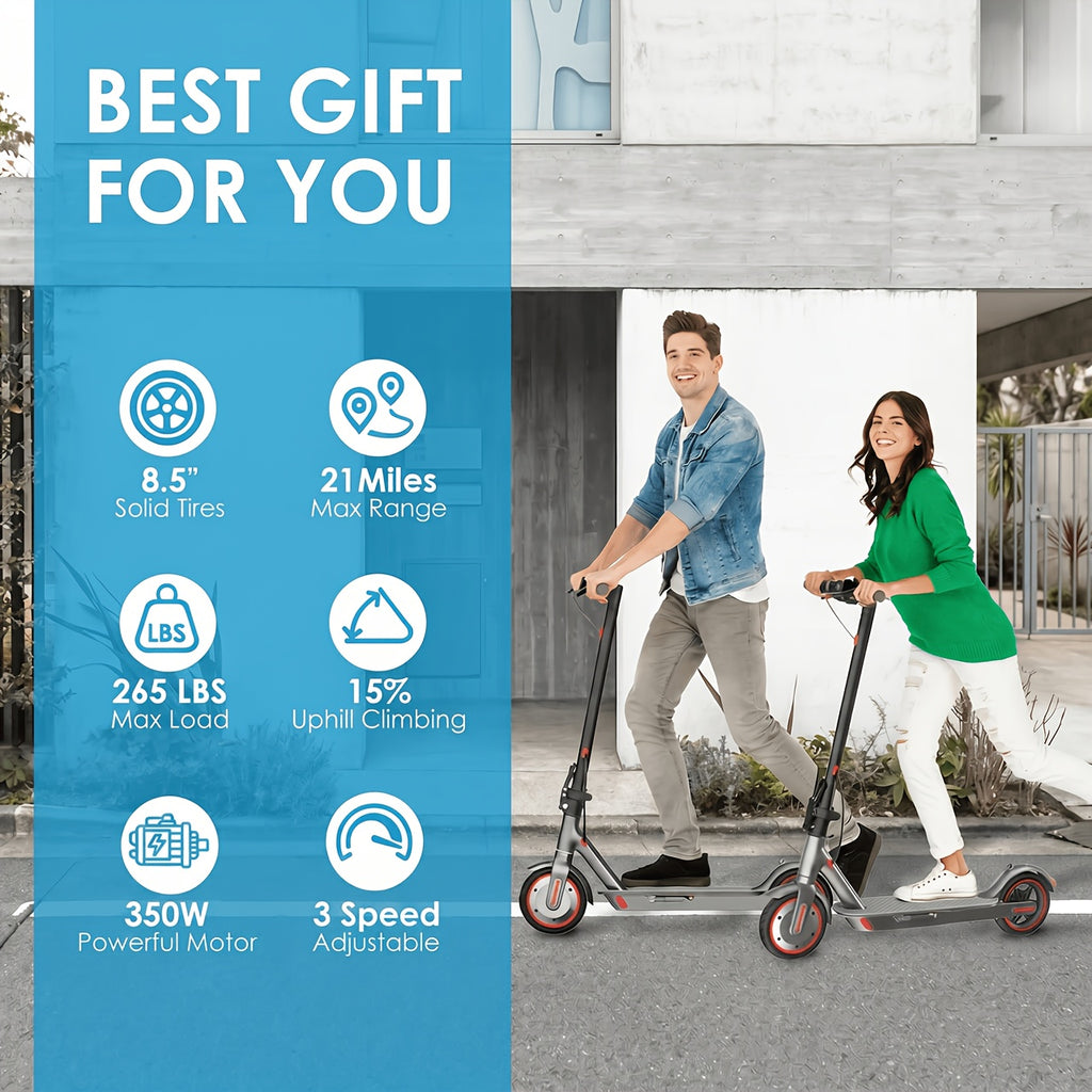 [Foldable Electric Scooter] Long-Range Adult Electric Scooter with a Powerful 350W Motor, Top Speed of 19 Mph, Up to 21 Miles of Range, 8.5-Inch Solid Tires, Foldable Commuter Electric Scooter with APP Control, Dual-Brake System, LED Lights, And Portable
