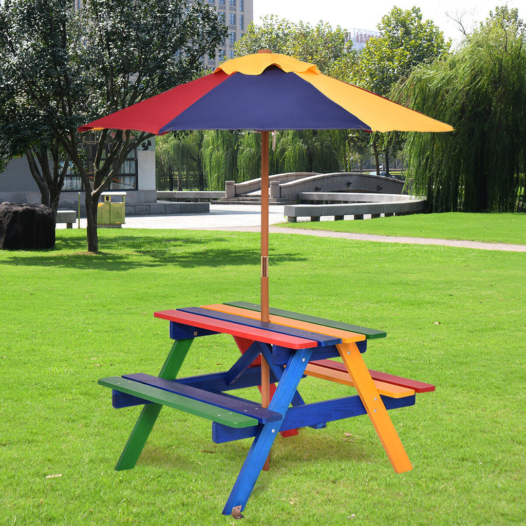 COSTWAY Kids Picnic Table Set, Wood Table and Bench Set with Removable & Foldable Umbrella, Stable Construction, Indoor Outdoor Picnic Table Bench Set for Toddlers, Great Gift for Boys & Girls
