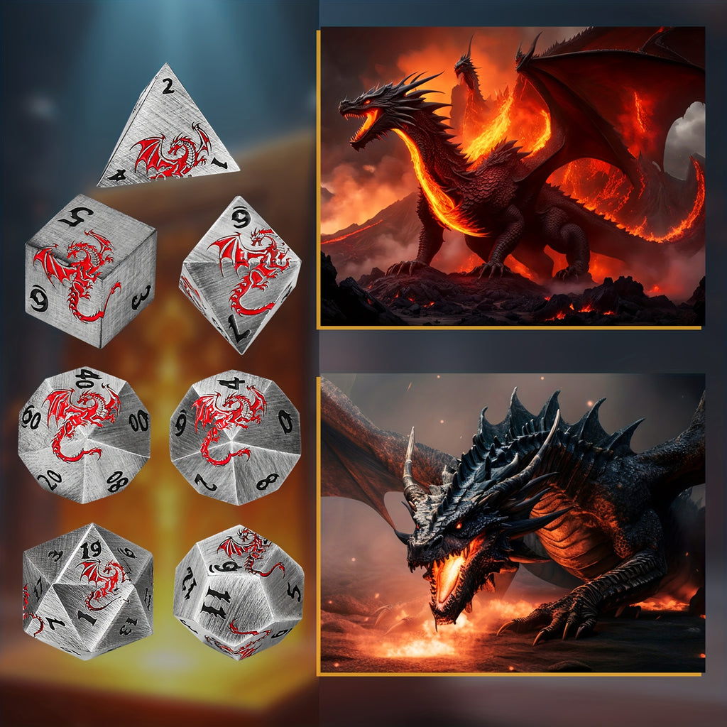 7pcs Of Retro Metal Dice Set, Finely Carved Pattern Fonts And Dragon Patterns, Including A Storage Bag with Dragon Patterns, Essential for TRPG Games, Tabletop Role-playing Game Props, Polyhedral Dice, D20 D12 D10 D8 D6 D4, Handmade Polishing