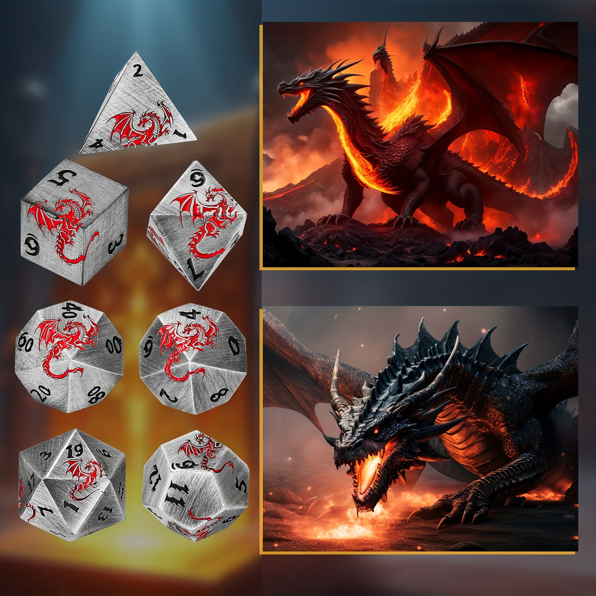 7pcs Of Retro Metal Dice Set, Finely Carved Pattern Fonts And Dragon Patterns, Including A Storage Bag with Dragon Patterns, Essential for TRPG Games, Tabletop Role-playing Game Props, Polyhedral Dice, D20 D12 D10 D8 D6 D4, Handmade Polishing