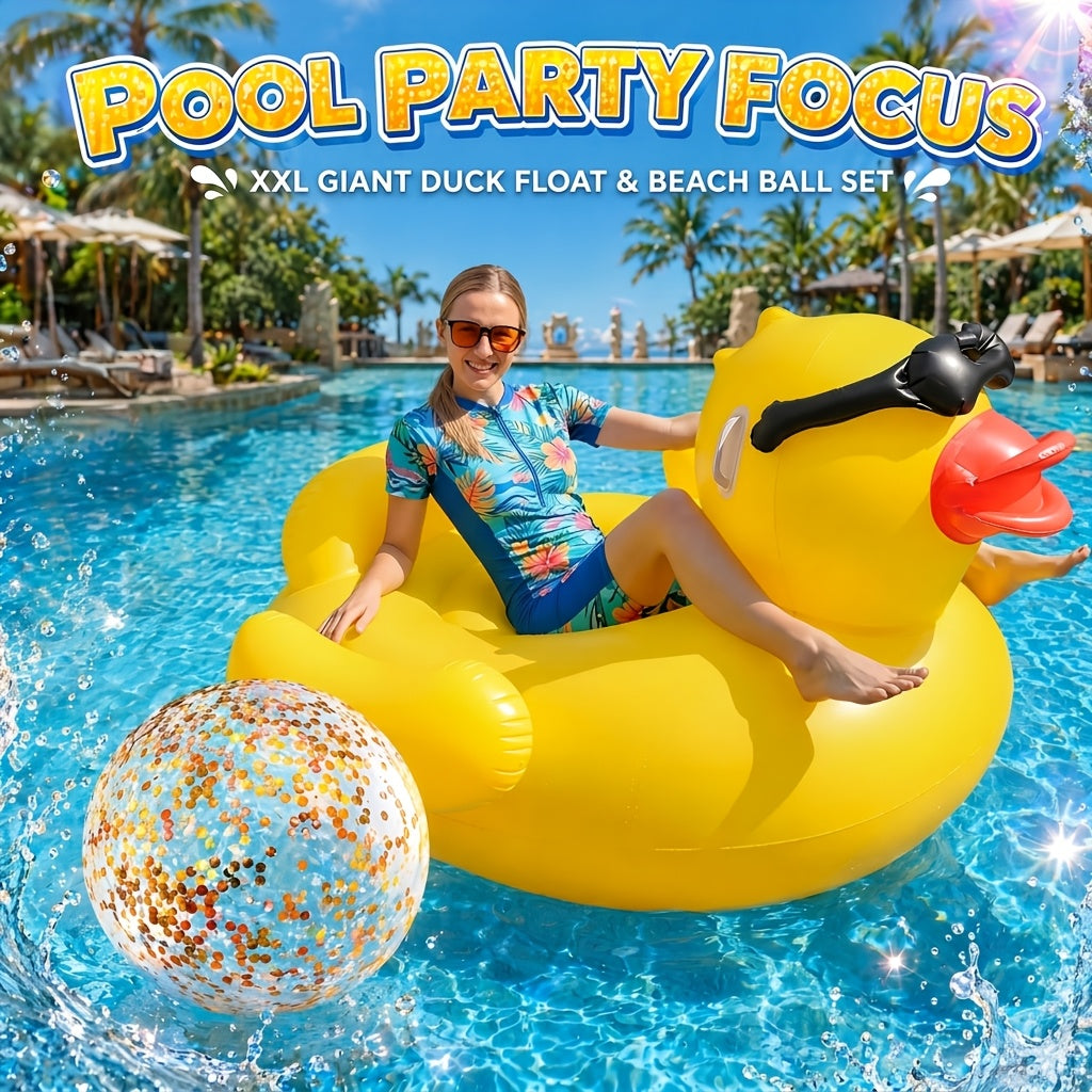 Oversized Duck Pool Float For Adults, 67-Inch XXL Inflatable Raft With 16 Inch Beach Ball, Swimming Pool Ride-On Rafts, Water Lounger Floats For Outdoor Lake, River, Beach, Pool Gatherings, Blow Up Floaties Summer Party Decoration(Holds Up To 300 Po