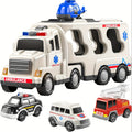 Ambulance/ Construction Truck Toys, 5in 1 Carrier Trucks Cars for Boy Toys Birthday, Car Trucks Friction Power Toys with Light Sound