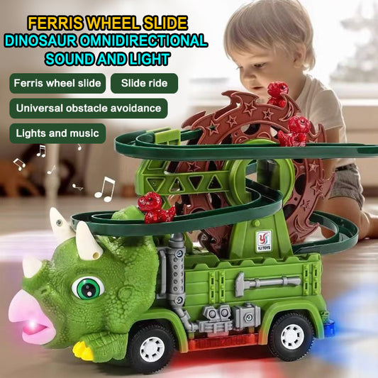 Dinosaur Track Car Set, Dinosaur Toy for Boys, Electric Learning Toy, Toddler Roller Coaster, Stair Slide Roller Coaster Toys for Toddlers, Triceratops Slide Toy, Interactive Light & Music Baby Toys