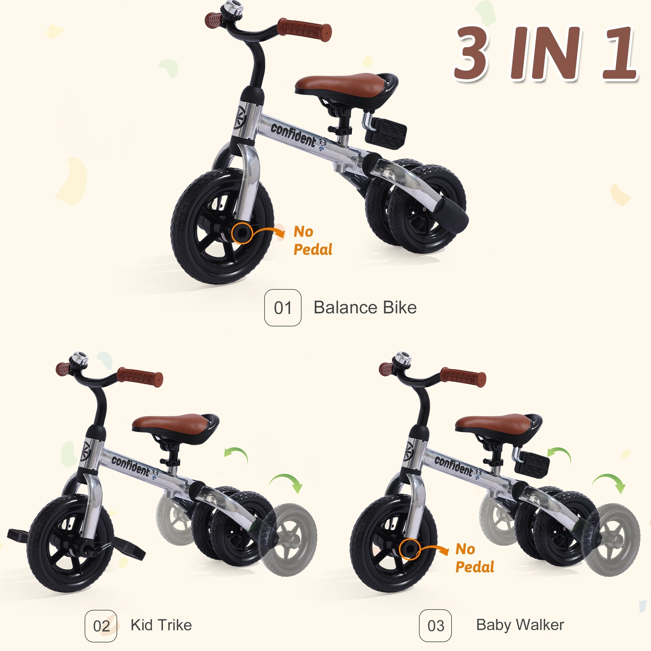 3in 1 Tricycle for Toddlers Age 2+ Years Old Boys Girls with Detachable Pedal And Training Wheels, Baby Balance Bike Trikes Riding Toys, Ride-on Bike Toys Bike Birthday Gift for Outdoor And Indoor