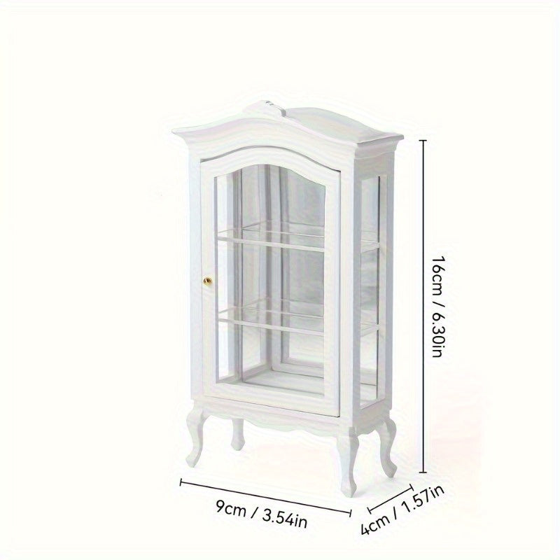 Scale White Artificial Wooden Mini Display Cabinet Model, with Mirror And 3 Glass Front Shelves - Suitable for Dollhouse Decoration, Photography Props, Weddings, And Living Room Scenes, Making It an Excellent Gift
