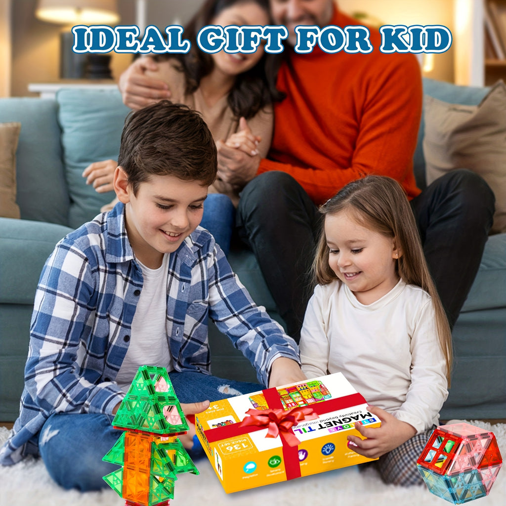 [Birthday Gifts] 80/106/136pcs Magnetic Tiles for Kids, Magnetic Building Blocks With 2 Cars, Magnet Tiles Construction Building Toys, STEM Sensory Toys Birthday Gifts Toys for Kids Boys Girls 3 4 5 6 7 8 9+ Year