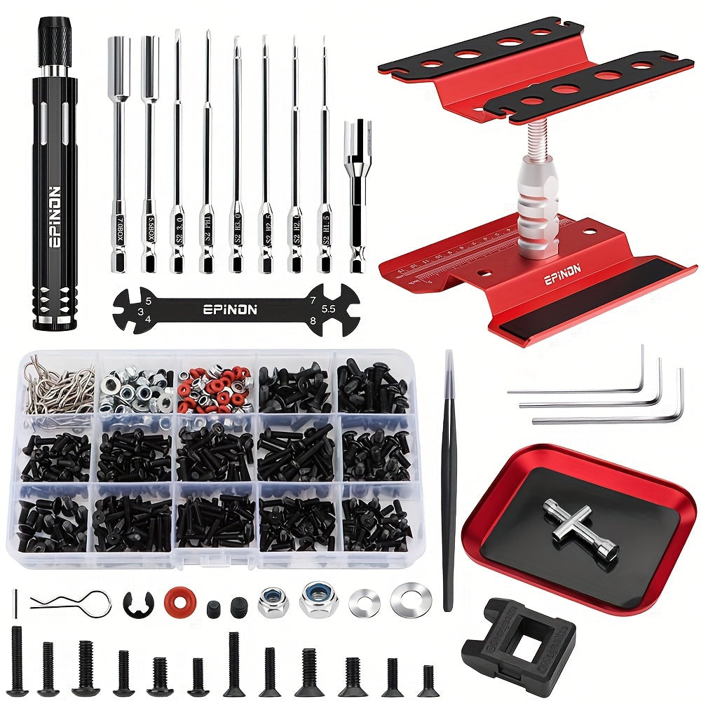 EPINON RC Vehicle Maintenance Stand with a Complete Tool Set Featuring 360-Degree Rotation, Including 520pcs of Screws, Screwdrivers, And a Screws Tray Suitable for 1/8, 1/10, 1/12, 1/16, And 1/18 Scale RC Cars, Crawlers, Trucks, And Buggies