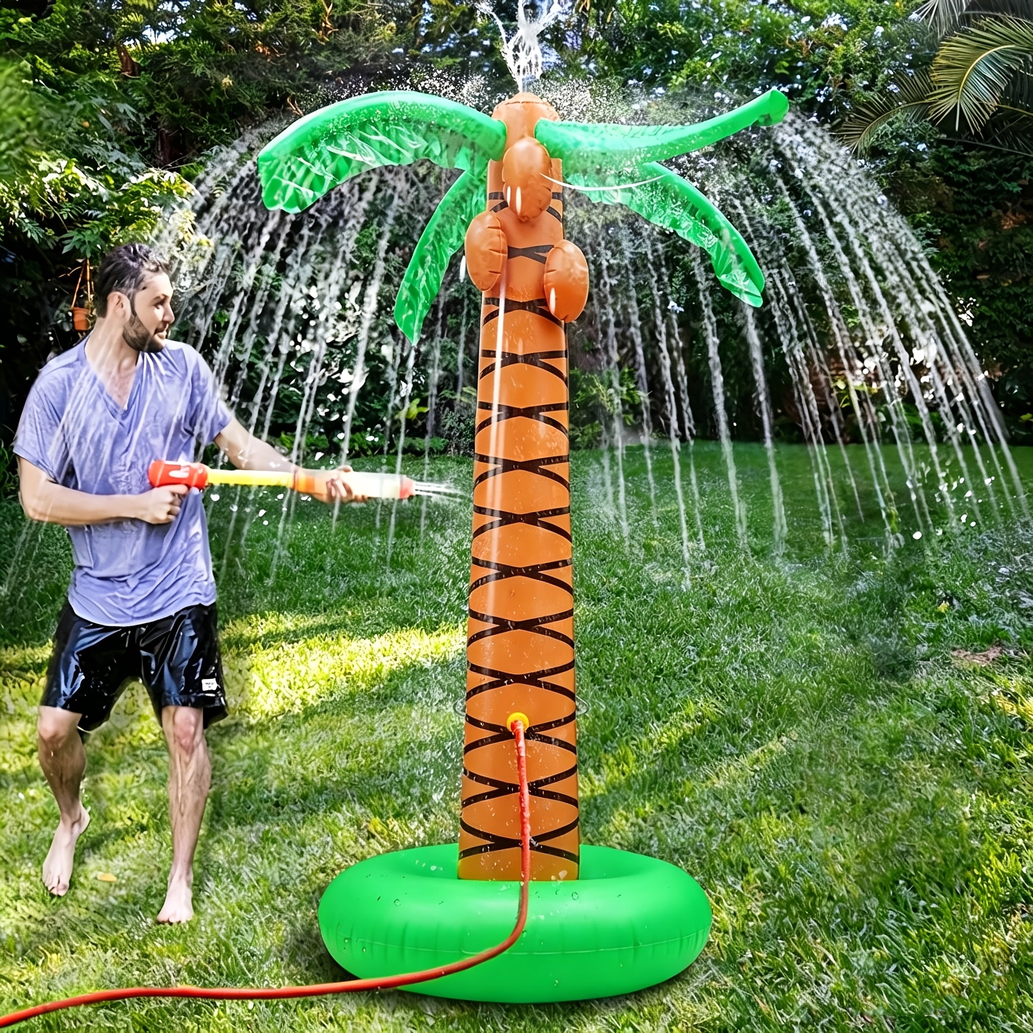 Summer Toys, 61" Inflatable Palm Tree Backyard Sprinkler, Spray Water Pool Inflatable Sprinkler for Yard Outdoor Hawaiian Party Coconut Tree for Lawn Sprinkler for Backyard Beach Games, Beach Toys, Pool Toys for Kids, Pool Party, Water-Spraying Toys