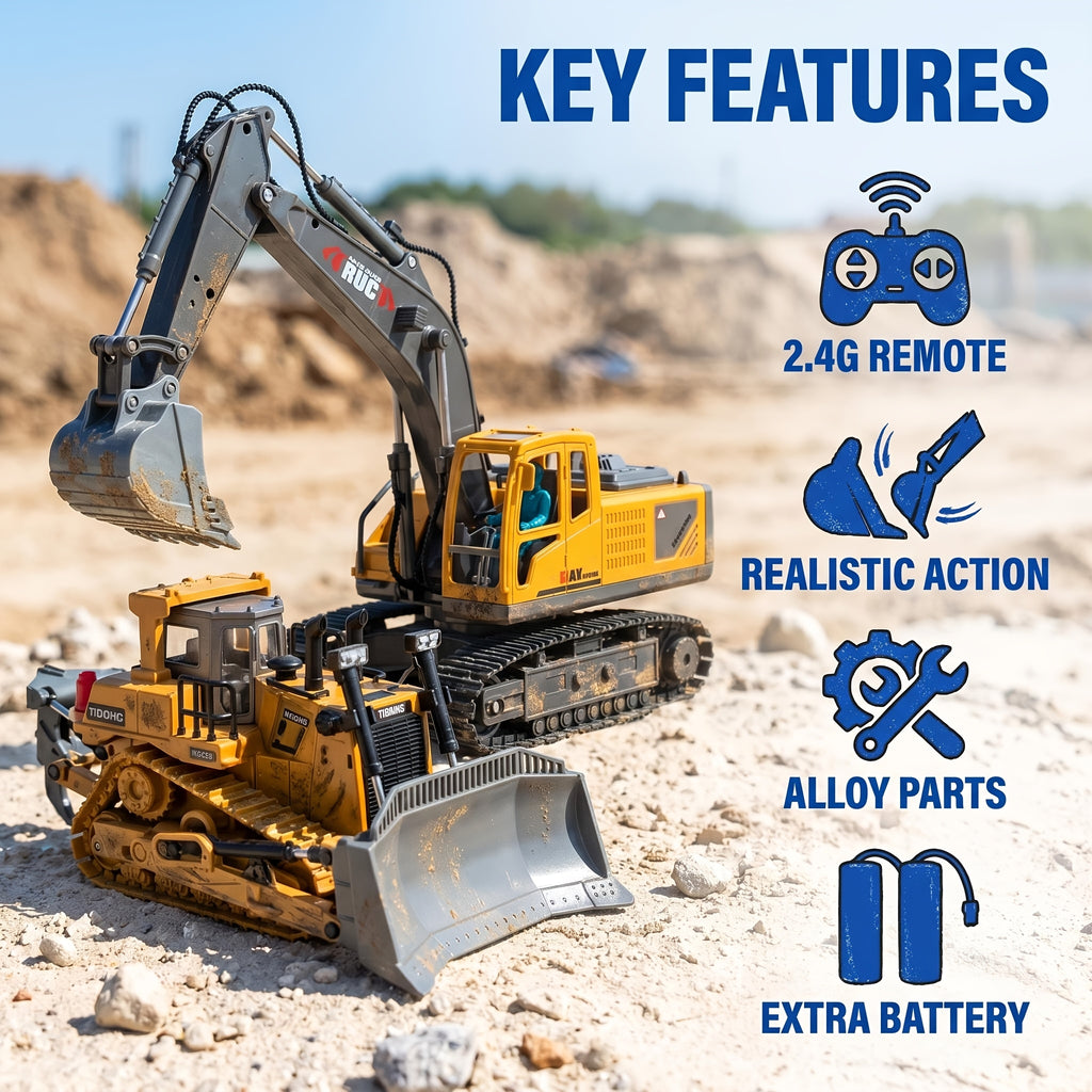 [Remote Control Toy Car] 4pcs/ 3pcs/ 2pcs Remote Control Engineering Vehicle Set, 2.4G 1:24 & 1:64 High-Tech 11-Channel RC Excavator, Dump Truck & Bulldozer Alloy Plastic Construction Toy Car Kit