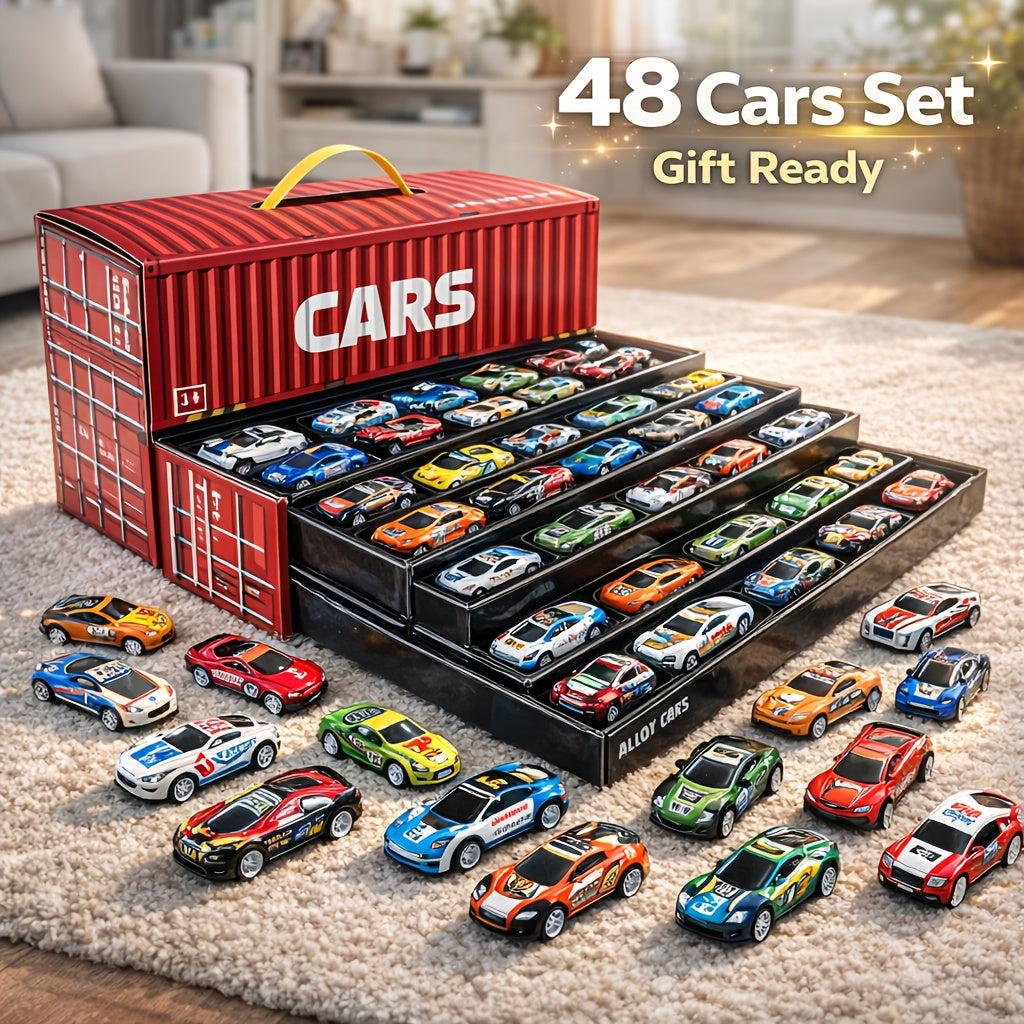48pcs Racing Car Toy Set for Boys Age 3+, Friction Powered Mini Cars with 4-Level Garage & Track, All-In-One Play Gift