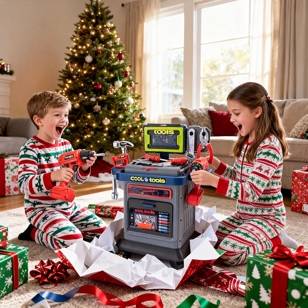 THCBME Kids All-in-One Tool Kit with 41+ Accessories, Folding Workbench & Electric Drill Toy - STEM Engineering Playset with Storage, Interactive Construction Playbench with Tool Storage, Realistic Role-Play Set for Boys & Girls Ages 3-5, - Drill with Gua