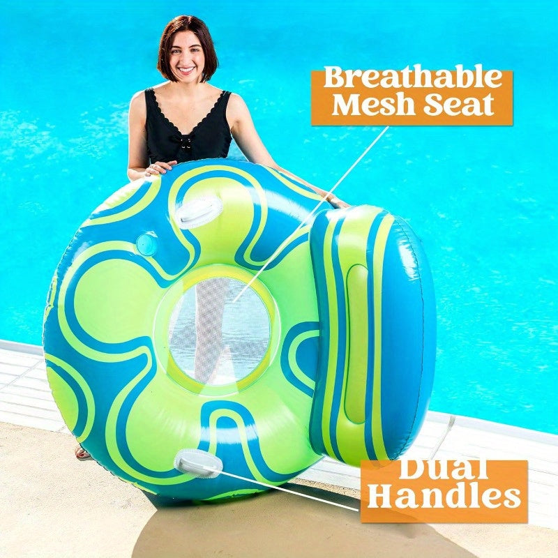 SYNCFUN Inflatable Pool Float Lounger - River Tube Floating Chair Sofa With Big Backrest, Blow Up Floaties Lake Raft Lounge With Mesh Bottom Handle Cup Holder Pool Party For Adults(Blue Yellow)