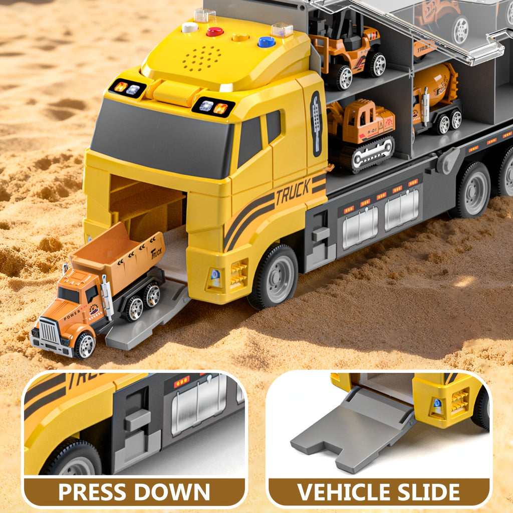 [Christmas Birthday Gift] HOME 13-in-1 Construction Truck Vehicle Toy Set with Die-Cast Cars & Play-Mat, Transport Carrier Truck Toy Set for Aged 3+, Christmas Birthday Gift [Random Color Of Accessories
