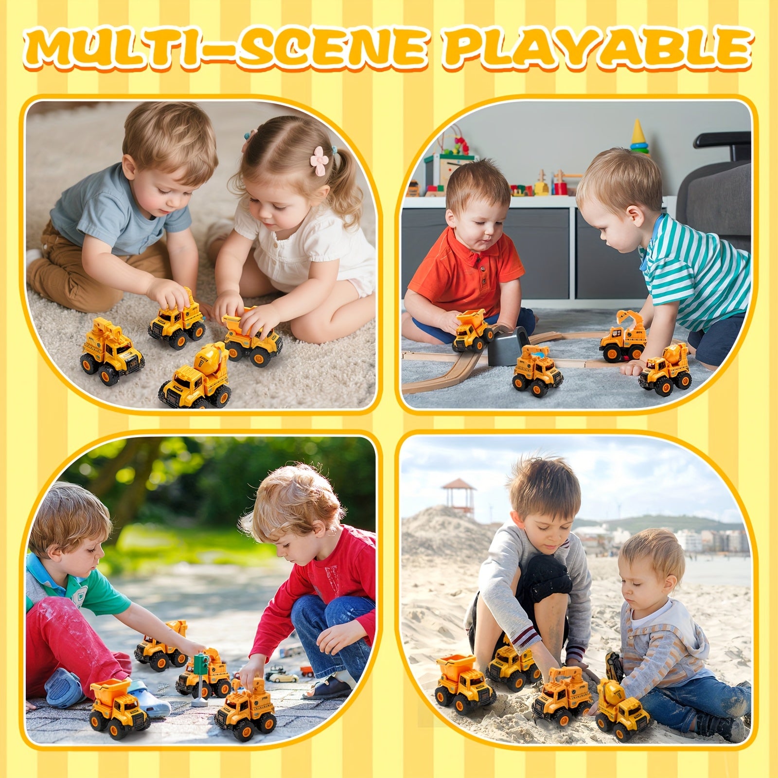 4pcs STEM Children's Construction Toy Vehicle Kit, Sandbox Excavator Construction Truck Dump Crane Cement Mixer, Encourages Hands-on Learning Imaginative Play-Perfect Gift for Halloween, Christmas