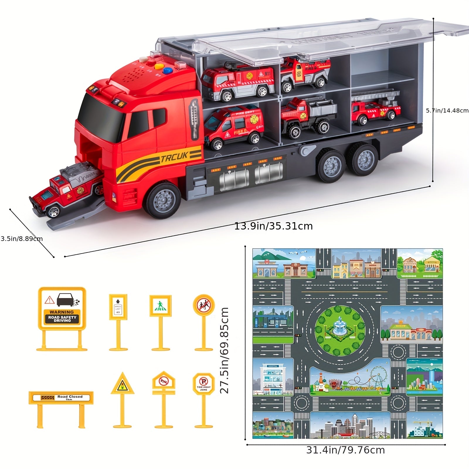 Toy Fire Truck Set Including a Play Mat, Carrier Truck Toys Designed for Children, a Die-Cast Metal Car Collection, Perfect As a Christmas Or Birthday Gift for Boys And Girls Aged 3 to 6 Years And Older