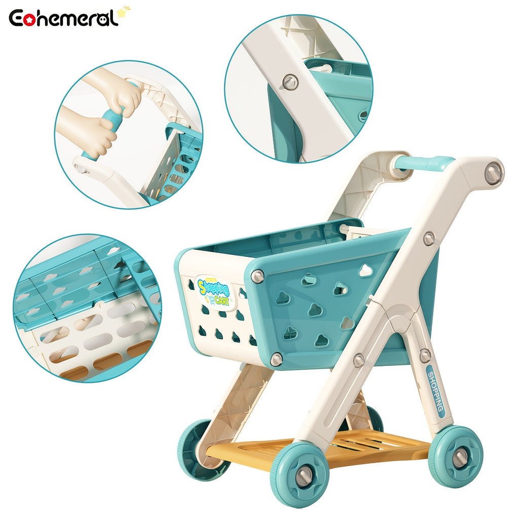 Deluxe Play Shopping Cart Set with Realistic Food - Perfect for Pretend Supermarket & Kitchen Play, Ideal Birthday, Christmas & New Year Gift, Red/Blue