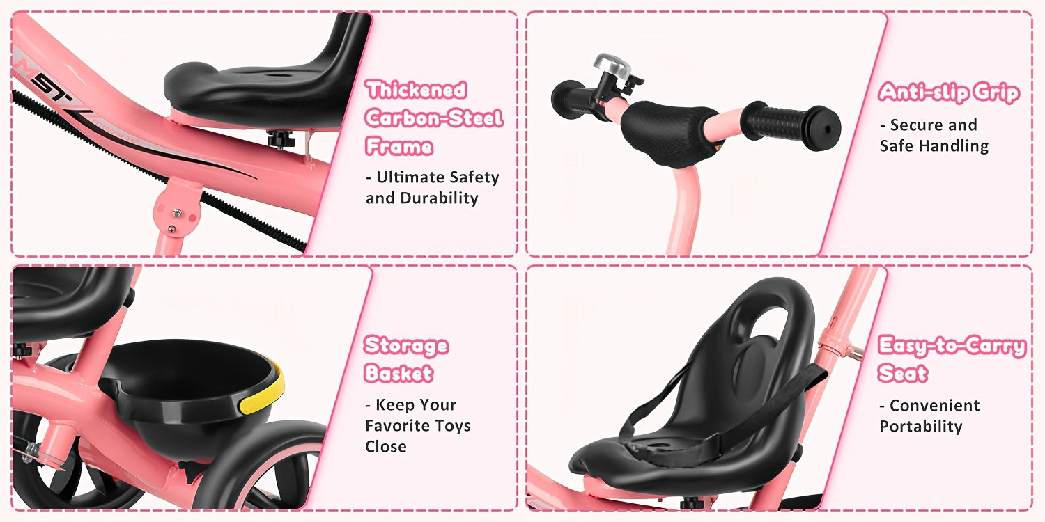 Tricycles For 18 - 60 Months, Toddler Bike, Birthday Gift And Toy For Boys And Girls, Toddler Tricycle With Parent Push Handle, Trike With Backrest And Safety Belt, Pink, For Day