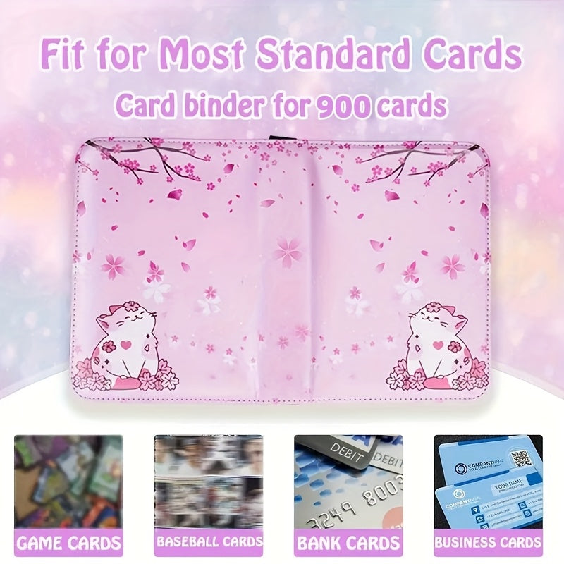 900 Pocket Zippered Collector's Album with Floral Design,- Premium PU Leather Trading Card Binder. Pink Cherry Blossom & Cat Illustration, Waterproof & Durable for Sports And Trading Game Cards