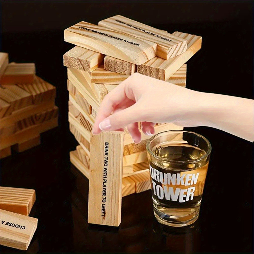 60 Wooden Building Blocks Rolling Tower Party Challenge Game Set (including 4 Glass Cups And 60 Challenge Blocks) - Adult Party Game - Halloween Christmas Gift