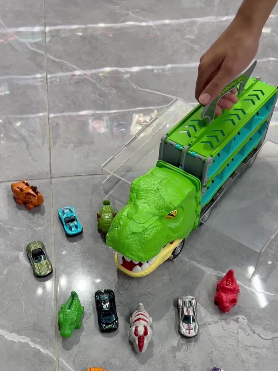 Dinosaur Truck Toys for Birthday Gift Idea, 2 Player Race Mode, Transport Carrier Kids, 63 Inch Foldable Race Track with 6 Dino Cars & 6 Die-cast Cars Durable Safety, Kids Christmas Gifts