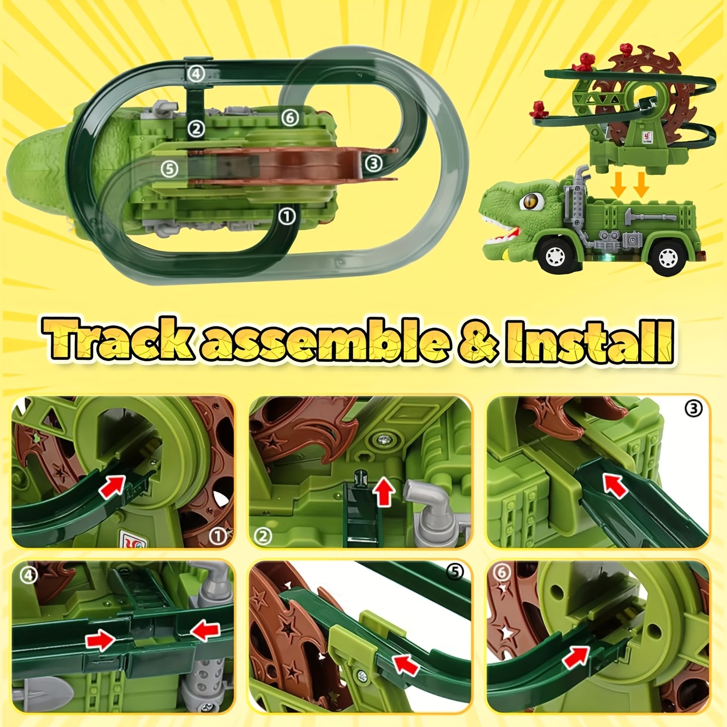 Dinosaur Track Car Set, Dinosaur Toy for Boys, Electric Learning Toy, Toddler Roller Coaster, Stair Slide Roller Coaster Toys for Toddlers, Triceratops Slide Toy, Interactive Light & Music Baby Toys