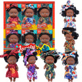6pcs Mini Curly Hair Black Baby Doll Set With Gift Box Package-4.5 Inch Cute Flower Printed Clothes Wearing Youngsters Dolls Perfect For Kids Birthday, Holiday Gift(The Doll'S Clothing Features Random Patterns)