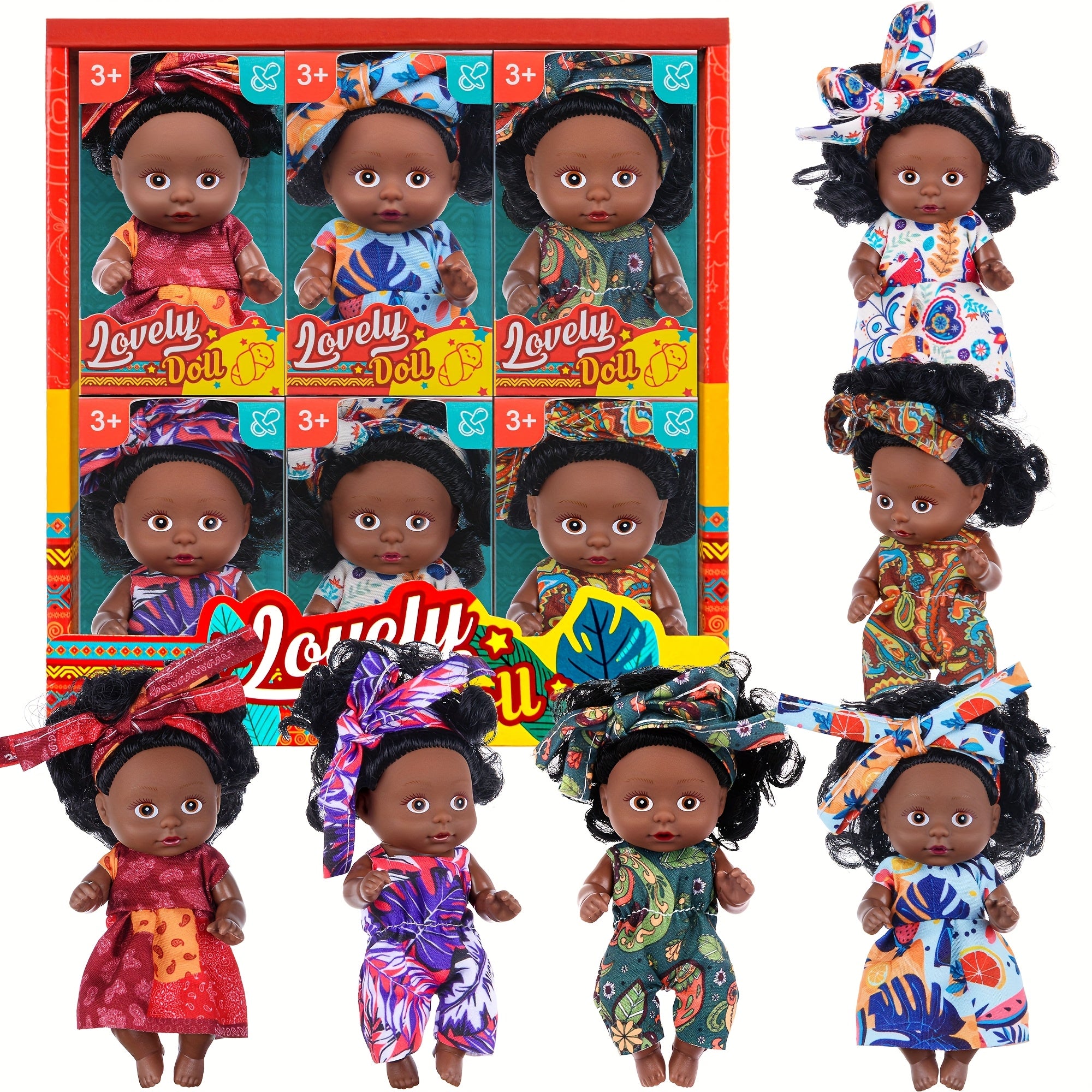 6pcs Mini Curly Hair Black Baby Doll Set With Gift Box Package-4.5 Inch Cute Flower Printed Clothes Wearing Youngsters Dolls Perfect For Kids Birthday, Holiday Gift(The Doll'S Clothing Features Random Patterns)