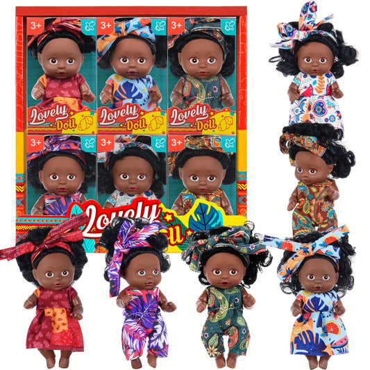 6pcs Mini Curly Hair Black Baby Doll Set With Gift Box Package-4.5 Inch Cute Flower Printed Clothes Wearing Youngsters Dolls Perfect For Kids Birthday, Holiday Gift(The Doll'S Clothing Features Random Patterns)