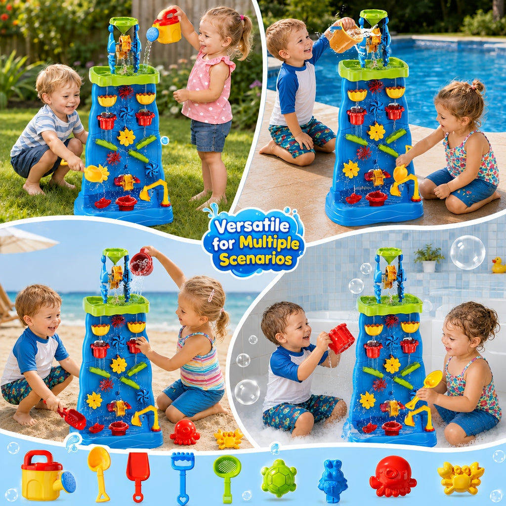 Babyhome Double-Sided Blue Waterfall Toys with Beach And Water Tools for Kids. Summer Holiday Activity Sensory Play Table for Outdoor Seaside, Birthday Christmas Easter Gift