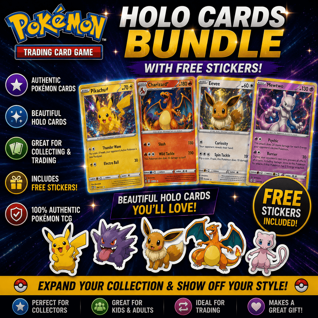 25 Pokémon Holo Cards Bundle with Free Stickers | Authentic Pokémon Trading Card Collection Pack