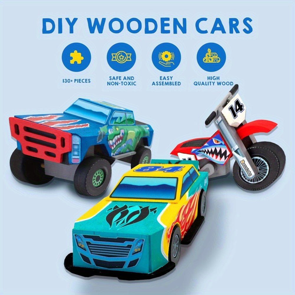 SYNCFUN Craft Set to Create And Decorate Your Own Wooden Race Car - Toy Kit for Building And Painting a Car Or Truck, Perfect Gifts for Kids