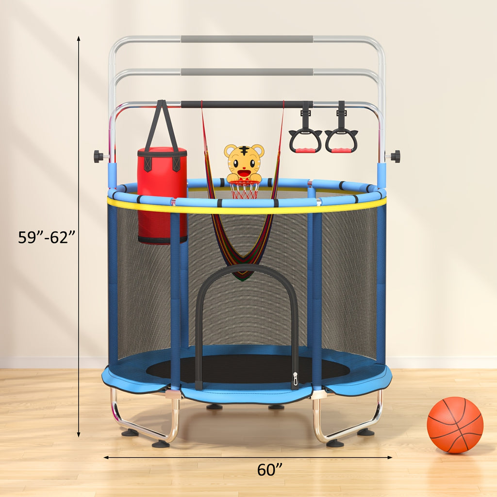 1pc Indoor And Outdoor Trampoline with Gymnastics Bar And Toys, 60" Height Adjustable Trampoline with Enclosure