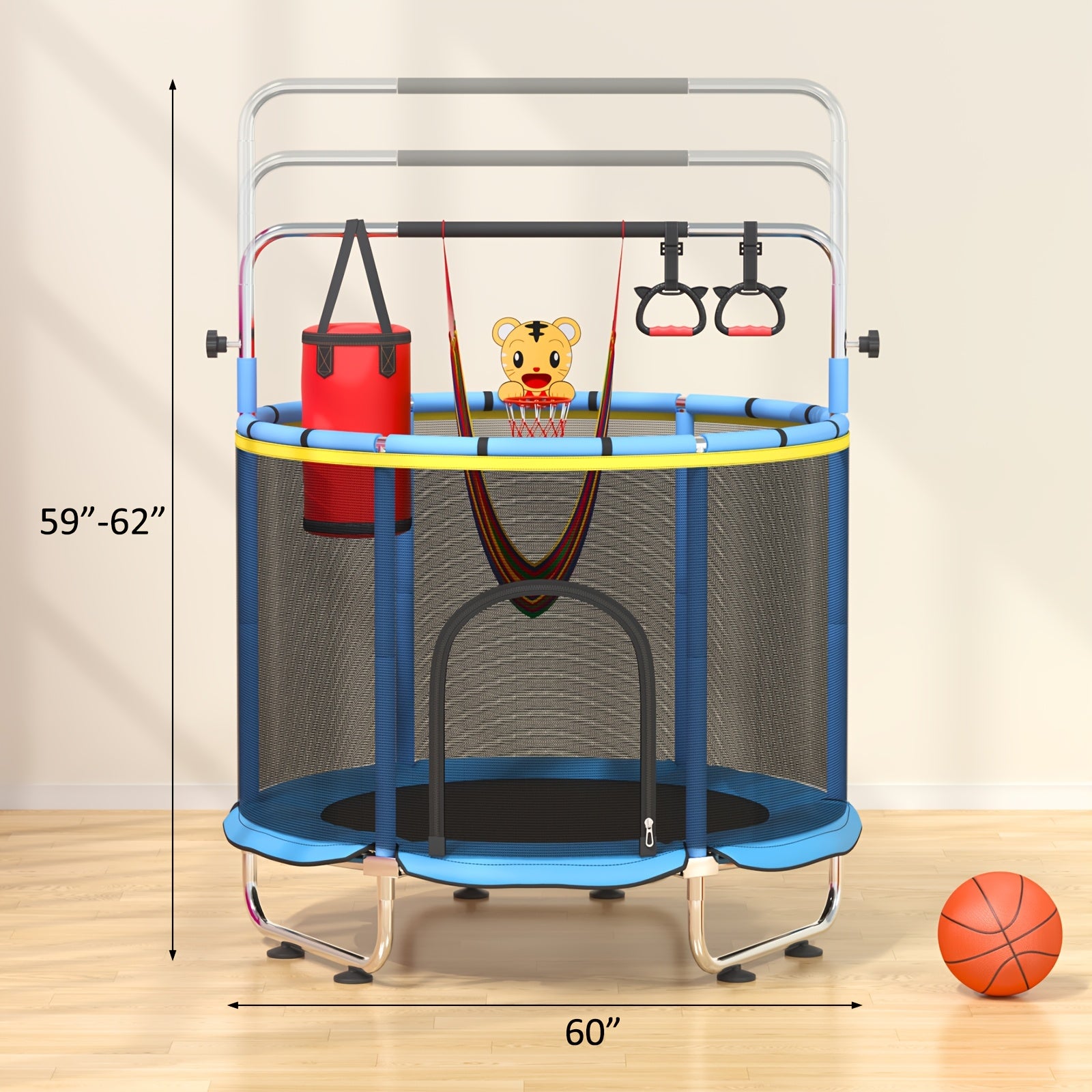 1pc Indoor And Outdoor Trampoline with Gymnastics Bar And Toys, 60" Height Adjustable Trampoline with Enclosure