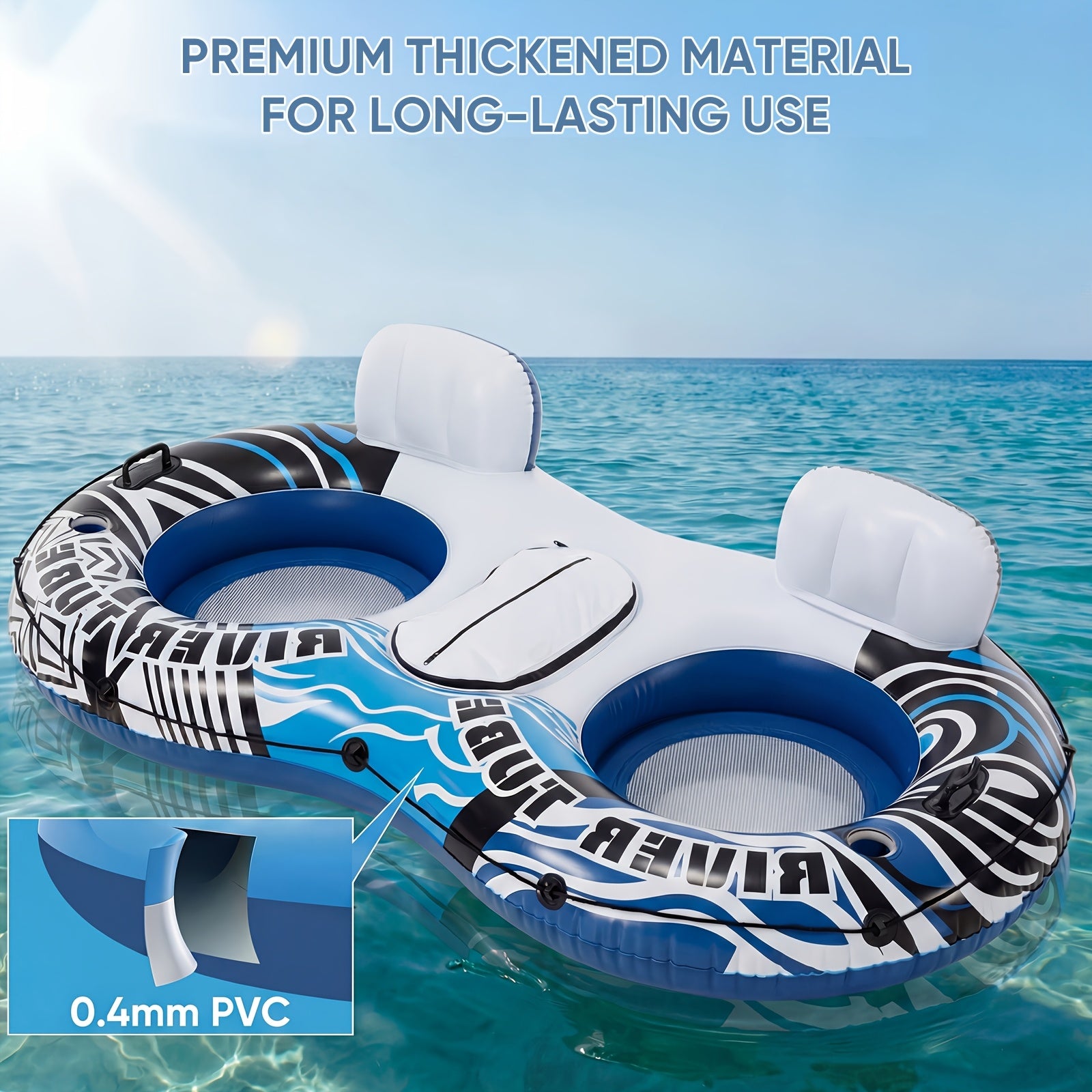 Heavy Duty Double Inflatable Pool Float Bed with Detachable Refrigerator, Suitable for Swimming Pools Rivers, Adult Float River Drifting Boat Lounge Chair with 2 Cup Holders