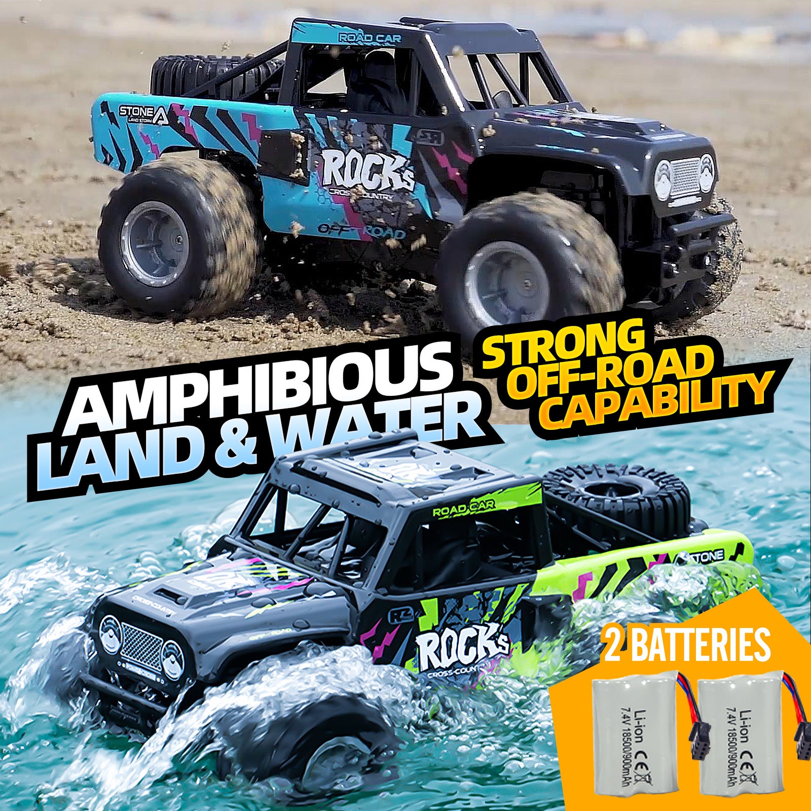RC Trucks 4x4 Offroad Waterproof 1:16 Amphibious Remote Control Car with 2 Rechargeable Battery 4WD All Terrain Monster Truck RC Car for Boys 4-7 gift present