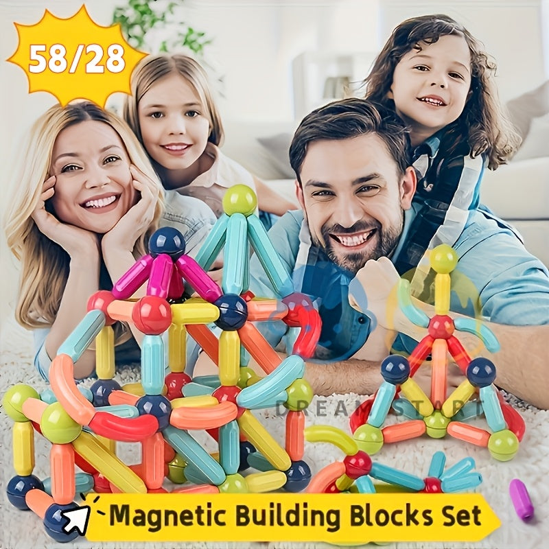58/28-Piece Creative Magnetic Building Sticks Set, Can Build Various 3D Structures, Stimulate Children's Imagination, Creativity And STEM Skills, Suitable for Family, Classroom And Group Play.