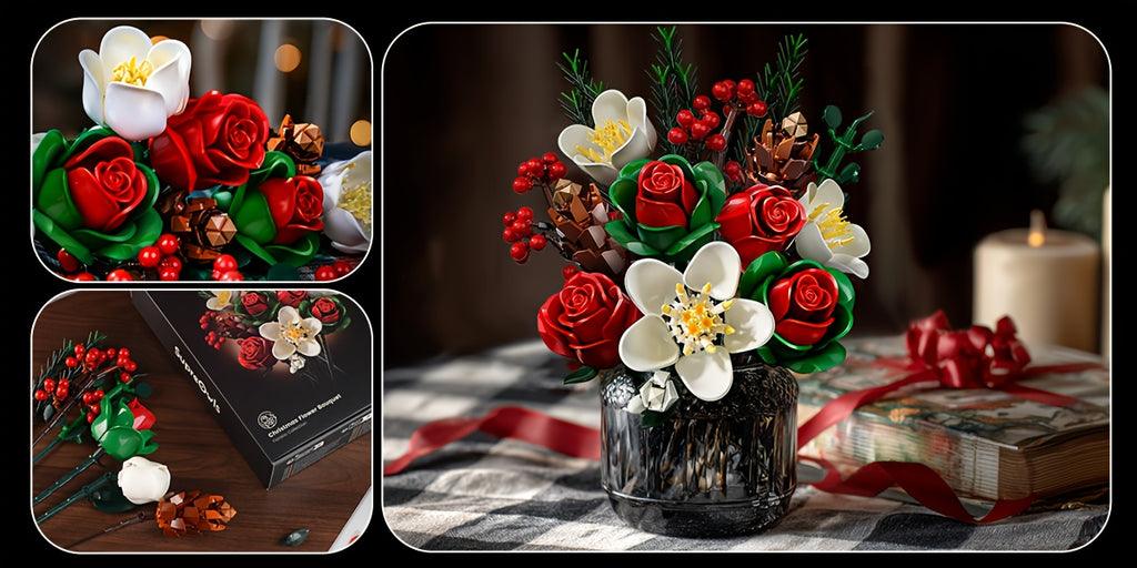 Rose and Lily Artificial Flower Decoration DIY Building Block Bouquet Toy Set, Girls' Birthday Gift, Mother's Day Gift, Rose Bouquet, Artificial Flower, Healing Flower Series Bouquet, Suitable for Desktop Decoration Flowers