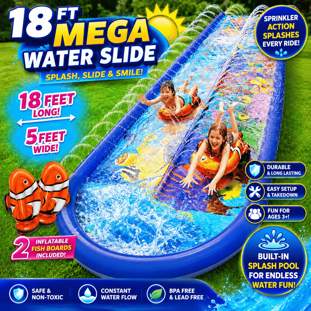 Kids Dual Splash Water Slide, 18FT Lawn Sprinkler Slide with Splash Pad, 2 Inflatable Body Boards, Reinforced PVC & Sea Life Design