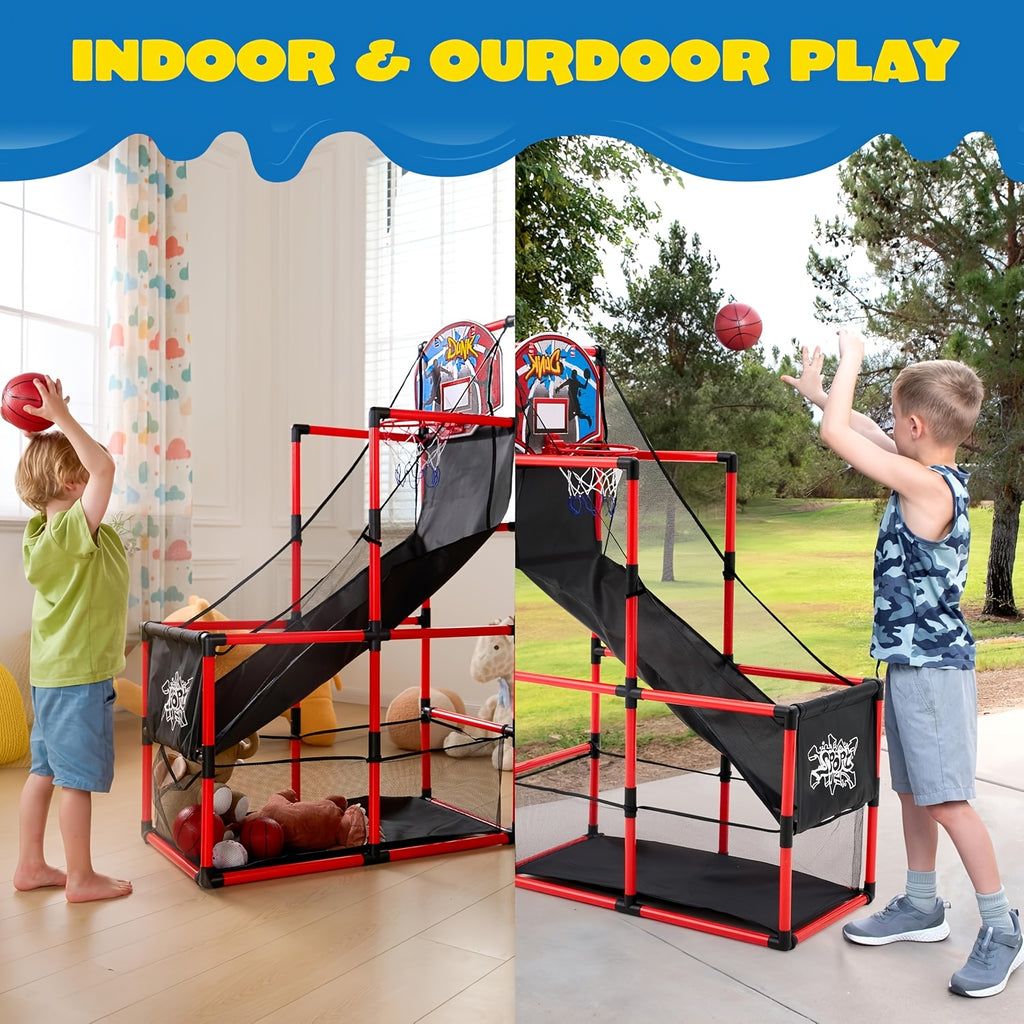 Arcade Basketball Game Set with 4 Balls And Hoop for Kids 3+ Years Old Indoor Outdoor Sport Play - Easy Set Up - Air Pump Included - Ideal for Competition