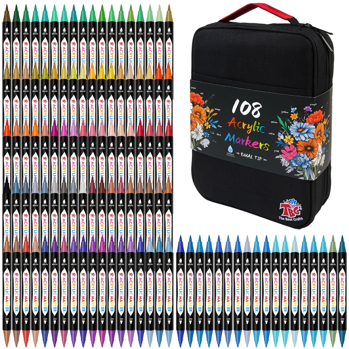 TBC The Best Crafts 48/72 /108 Dual Tip Acrylic Paint Markers, Double Zipper Design Topgrade Canvas Bag, Non-Toxic, Odorless, Suitable for Paper,Pottery, Stones, Glass,outdoor Painting